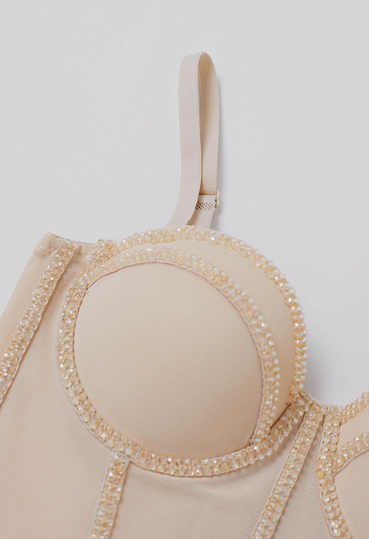 Crystal Embellished Bustier Mesh Crop Top in Apricot