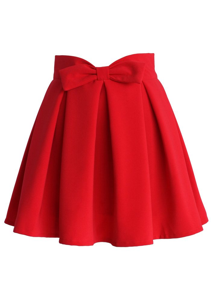 蝴蝶結褶皺半身裙 - 紅色