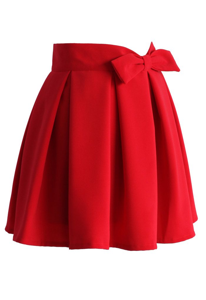 蝴蝶結褶皺半身裙 - 紅色