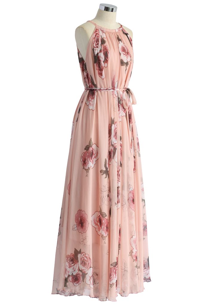 粉色玫瑰無袖吊帶裙