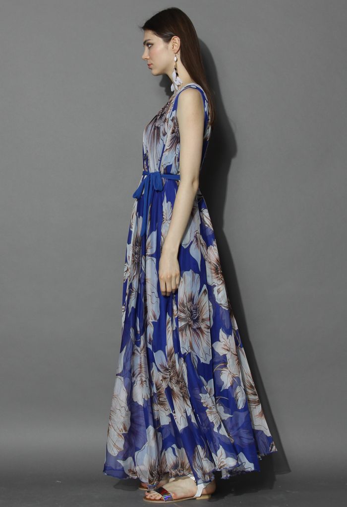 印花雪紡連身裙-藍色