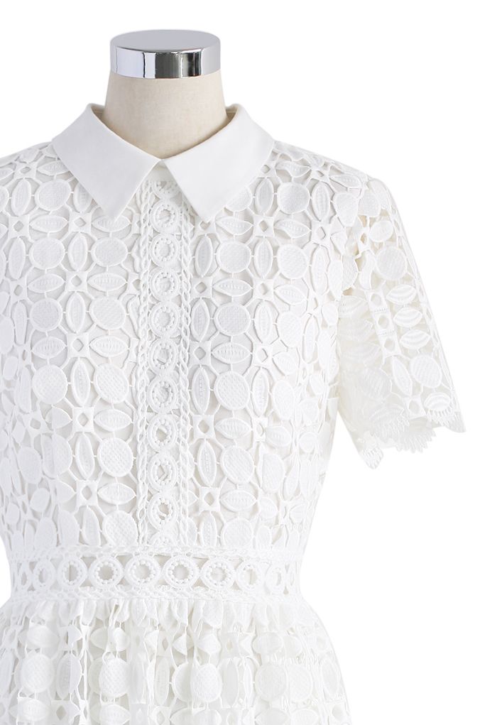  襯衫領鉤編洋裝-白色