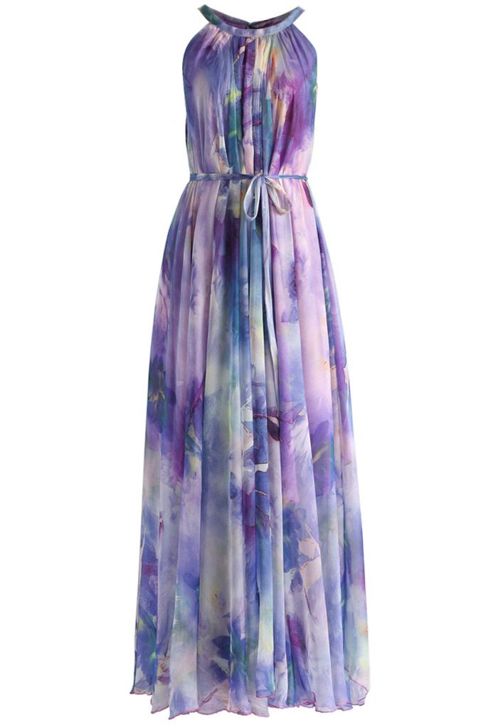 水彩印花細繩綁帶長裙-淡紫色