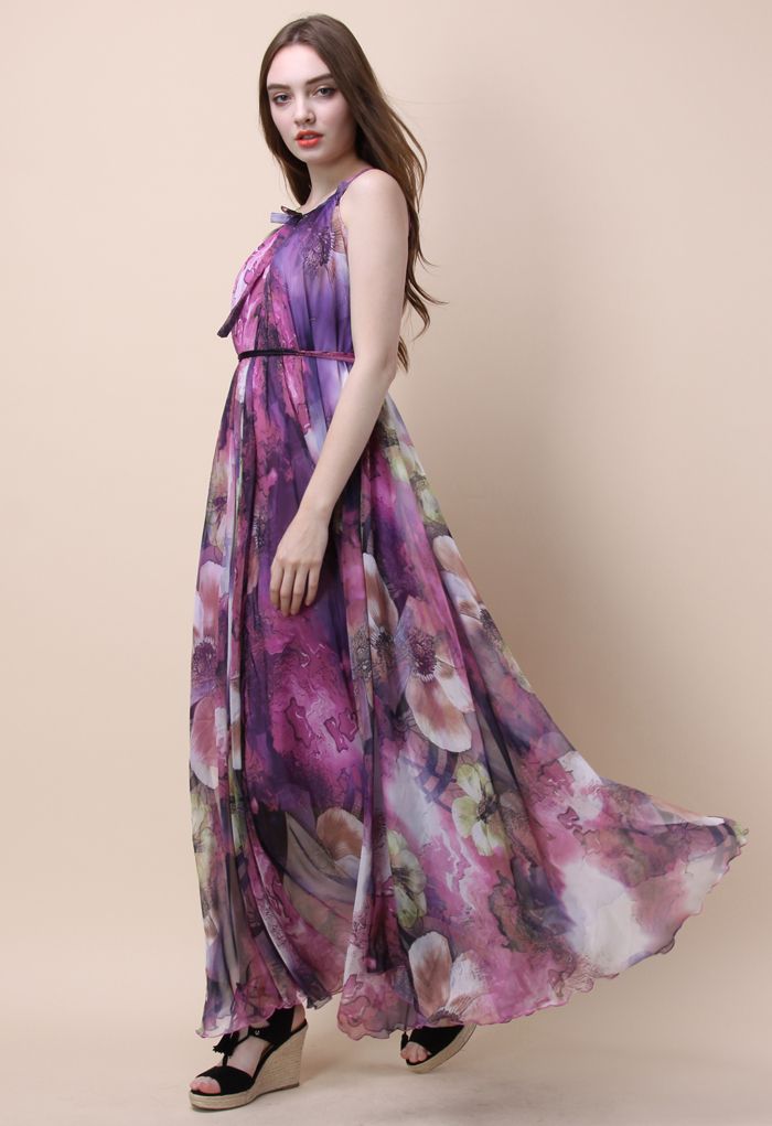 水彩花卉掛脖長裙 - 紫色