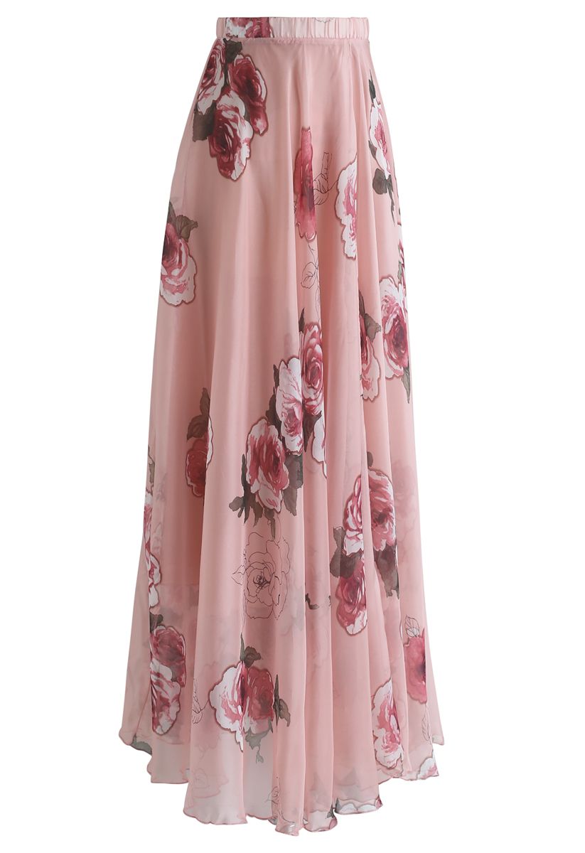 粉色玫瑰印花褶皺長裙