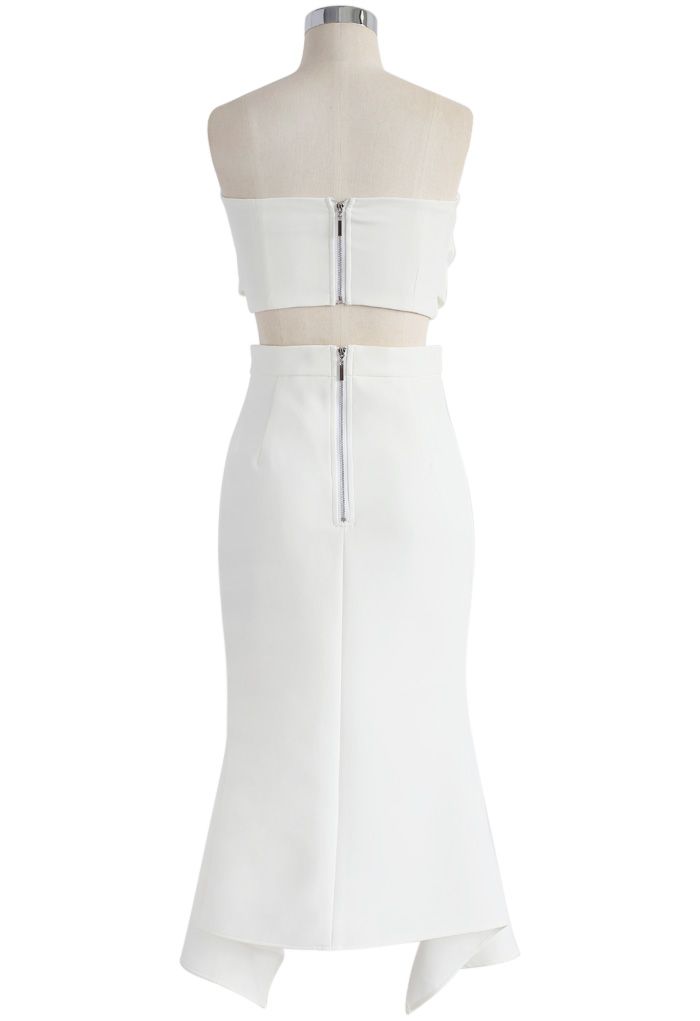 繩結裹身胸衣/開叉魚尾裙套裝-白色