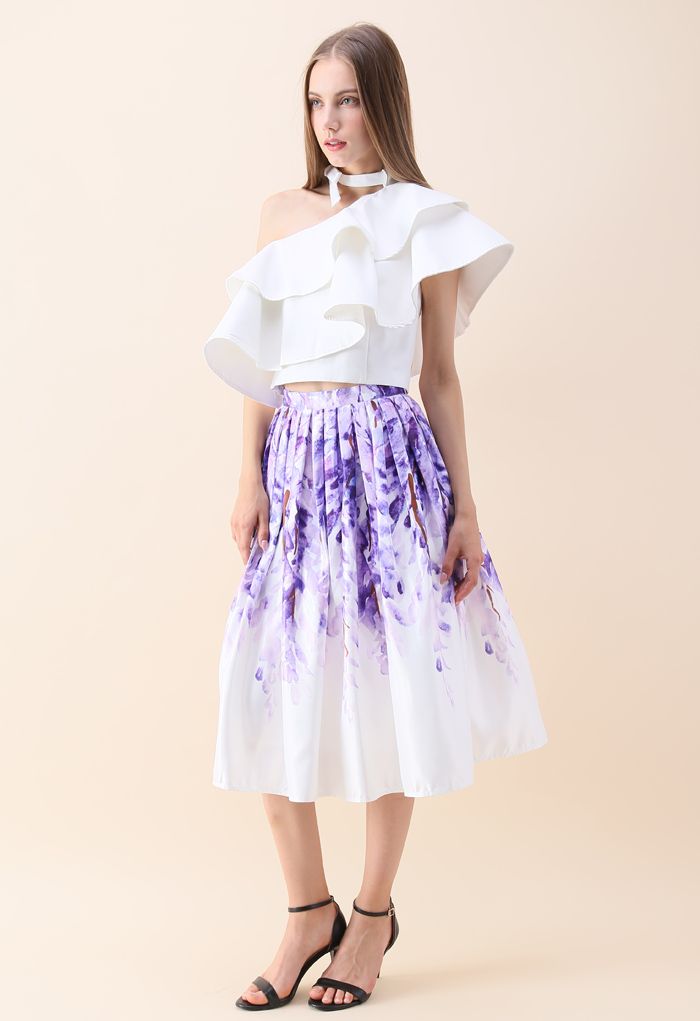 紫藤蘿印花褶皺中長裙
