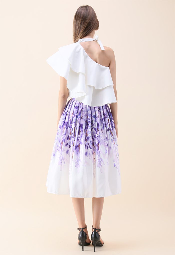 紫藤蘿印花褶皺中長裙