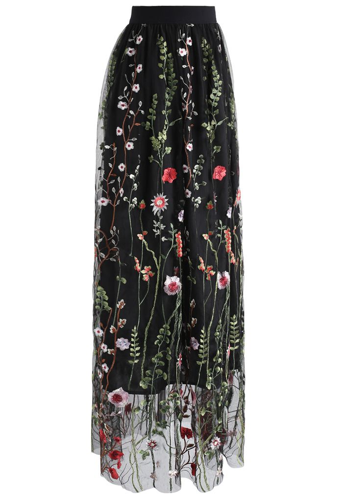 花卉刺繡網紗半身裙-黑色