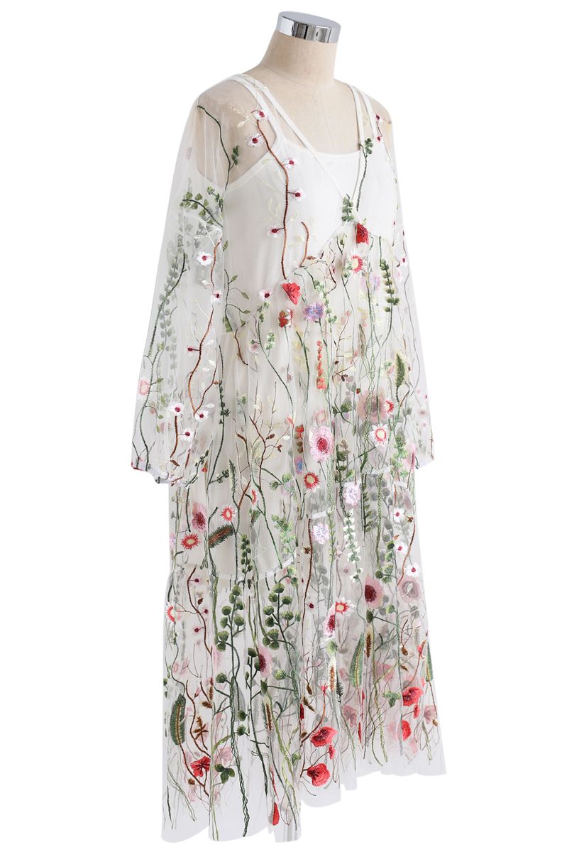 花卉刺繡網紗罩裙-乳白色