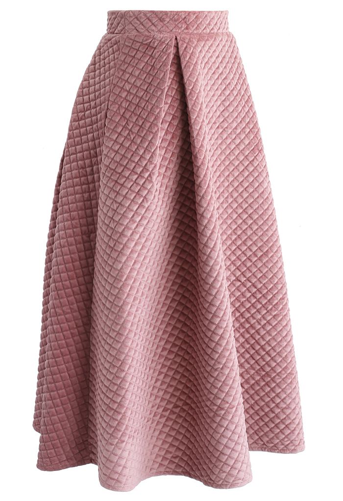 天鵝絨幾何紋理中長裙-粉色