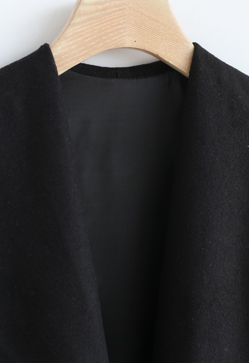 羊毛混紡開襟大衣-黑色