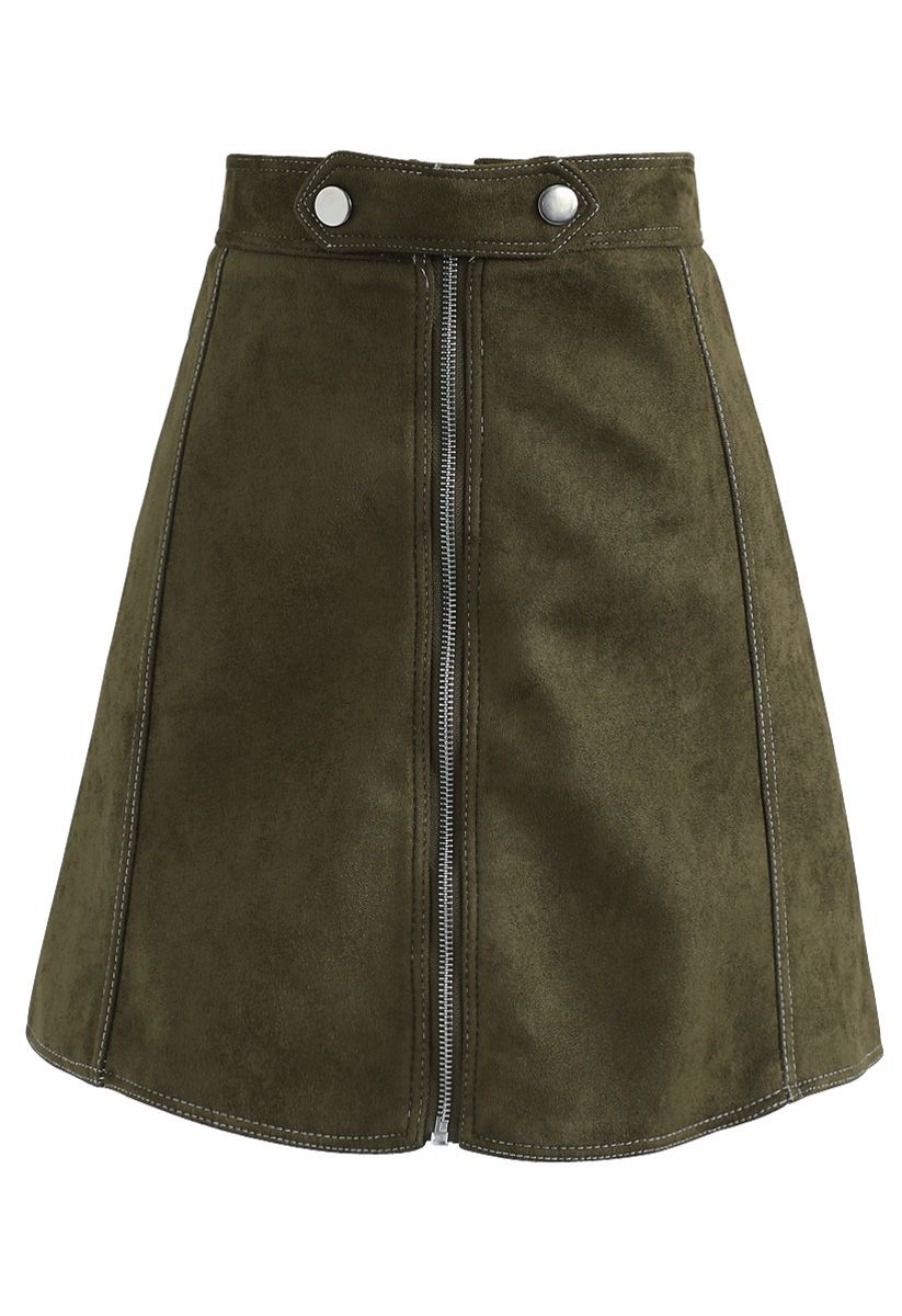 Chic Move Faux Suede A-Line Skirt in Olive