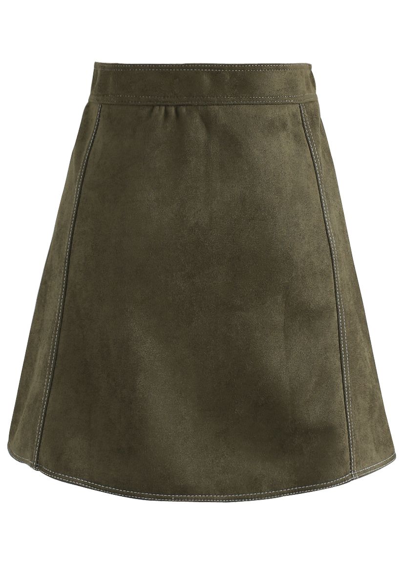 Chic Move Faux Suede A-Line Skirt in Olive