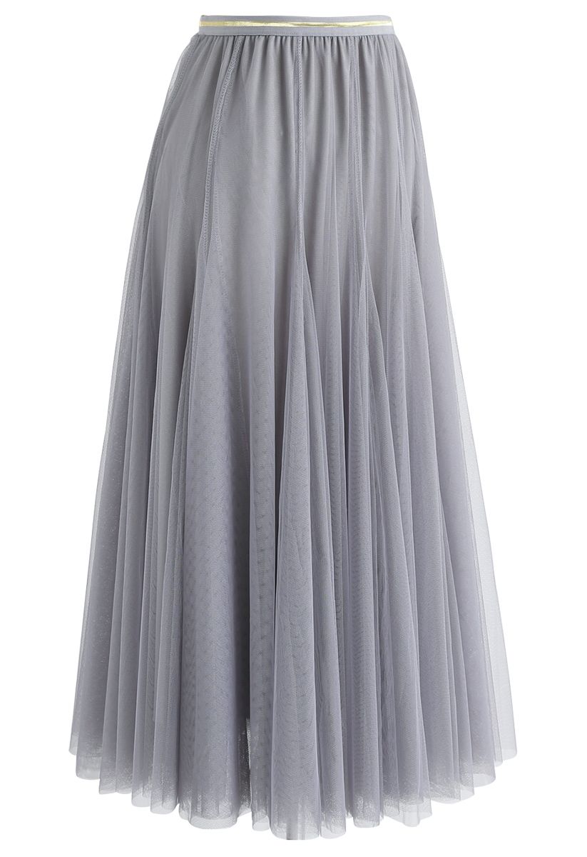薄紗疊層中長裙- 灰色