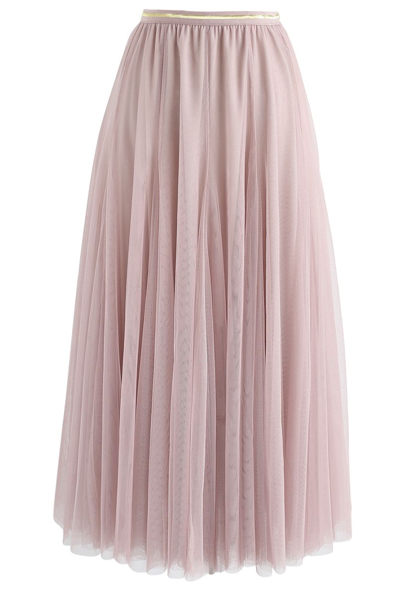 薄紗疊層中長裙- 粉色
