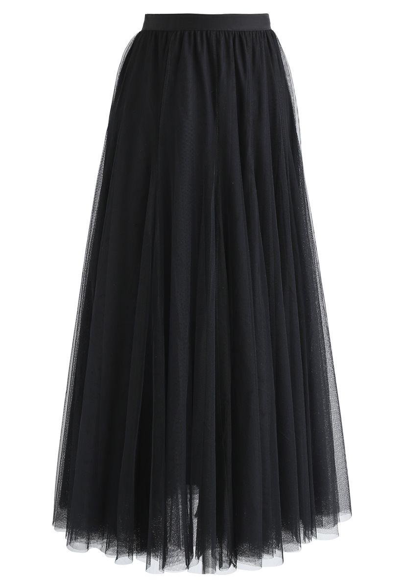 薄紗疊層中長裙- 黑色