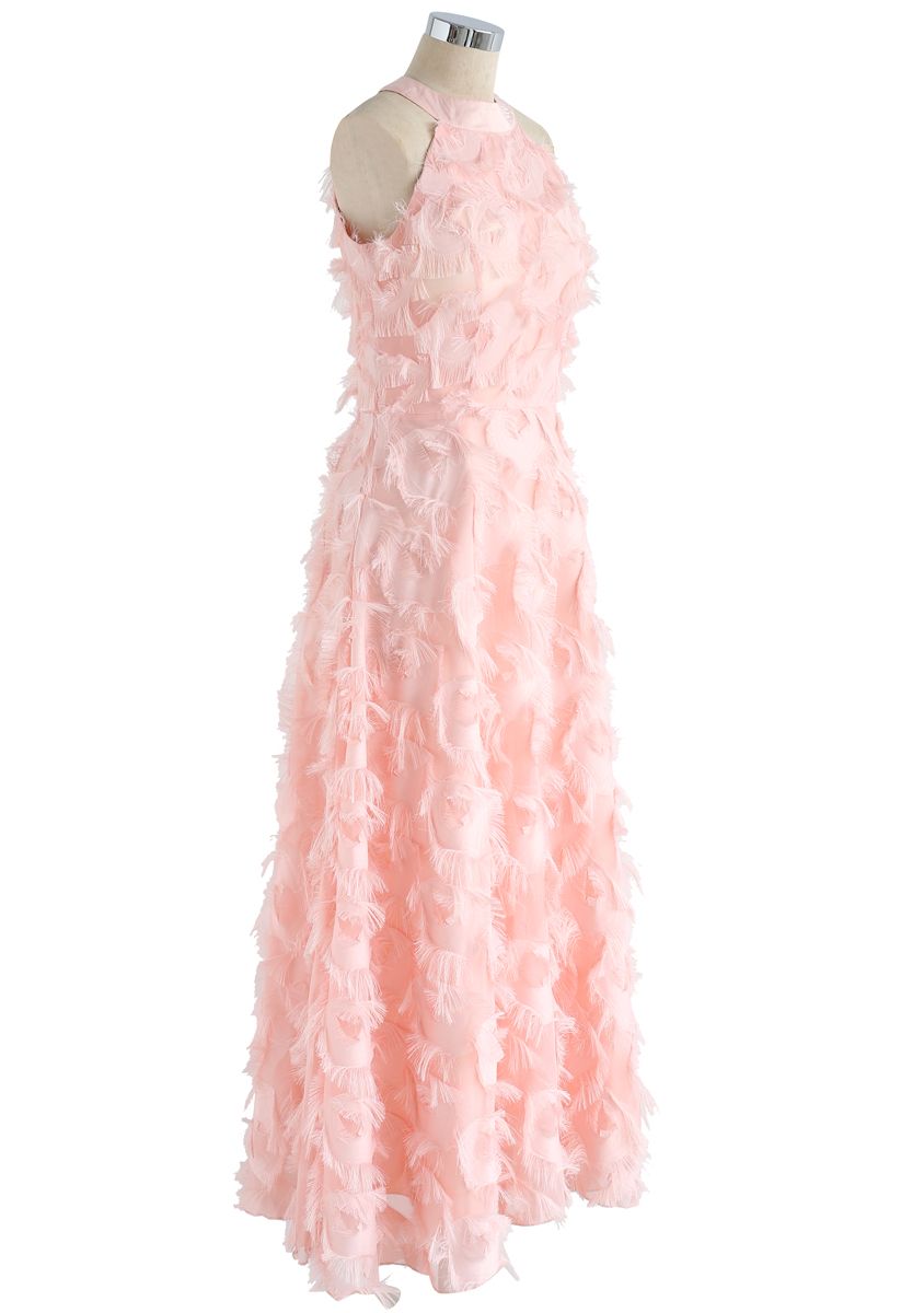 羽毛裝飾掛脖長裙-粉紅色