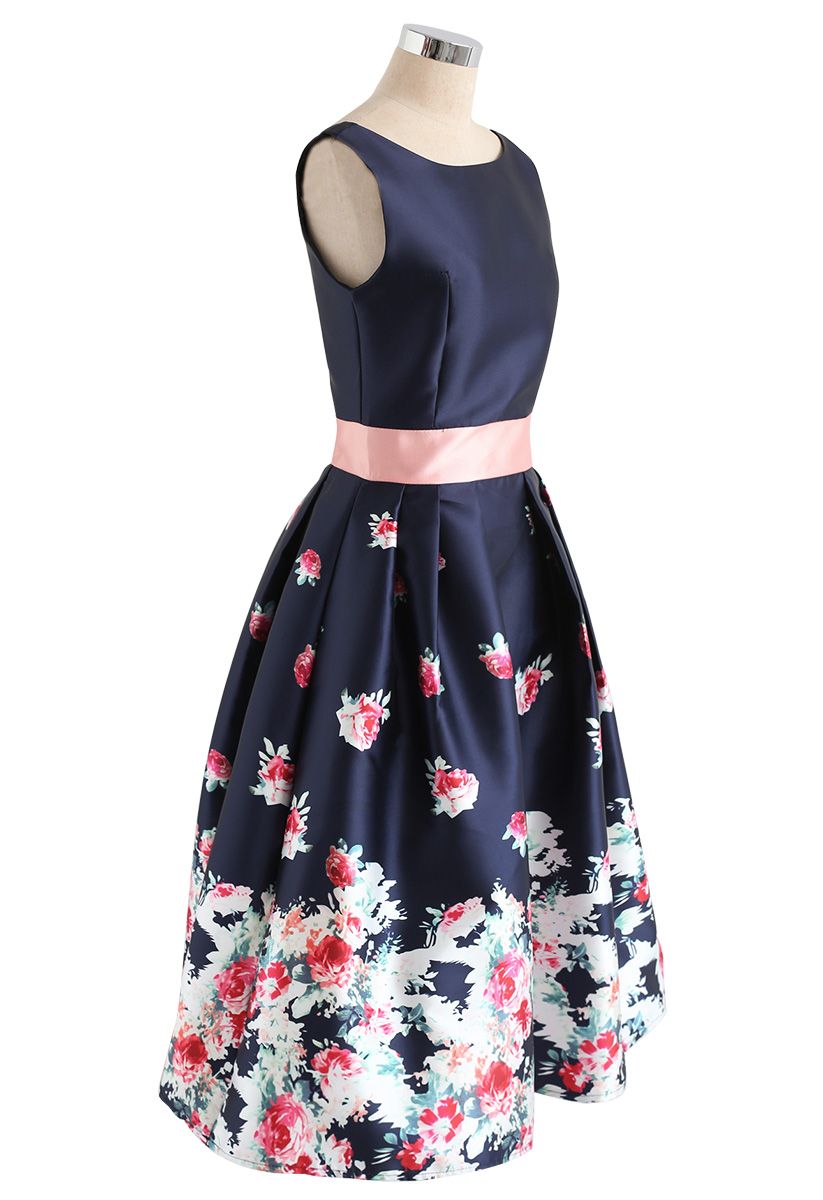 Gone With Rose Printed Dress in Navy