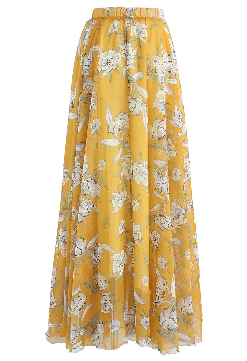 花卉雪紡半身裙 - 黃色