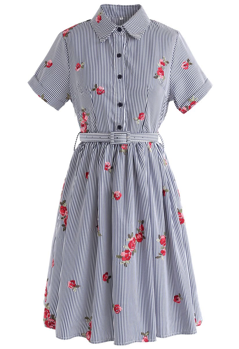 All in Bloom Floral Embroidered Stripe Dress in Navy