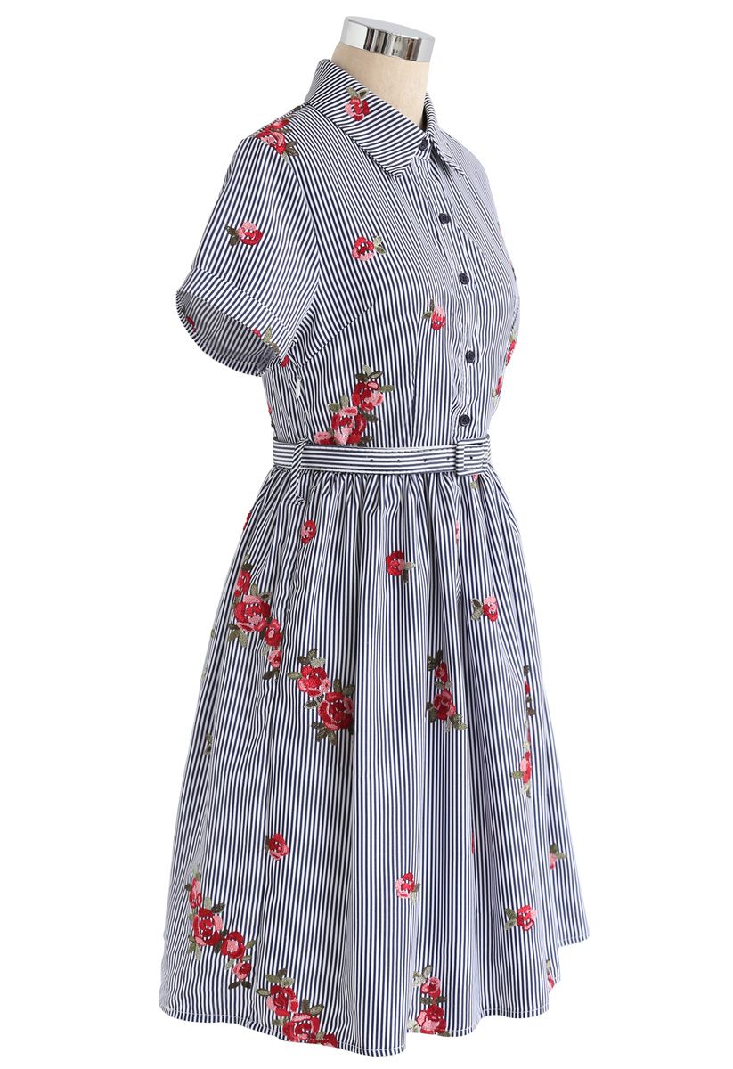 All in Bloom Floral Embroidered Stripe Dress in Navy