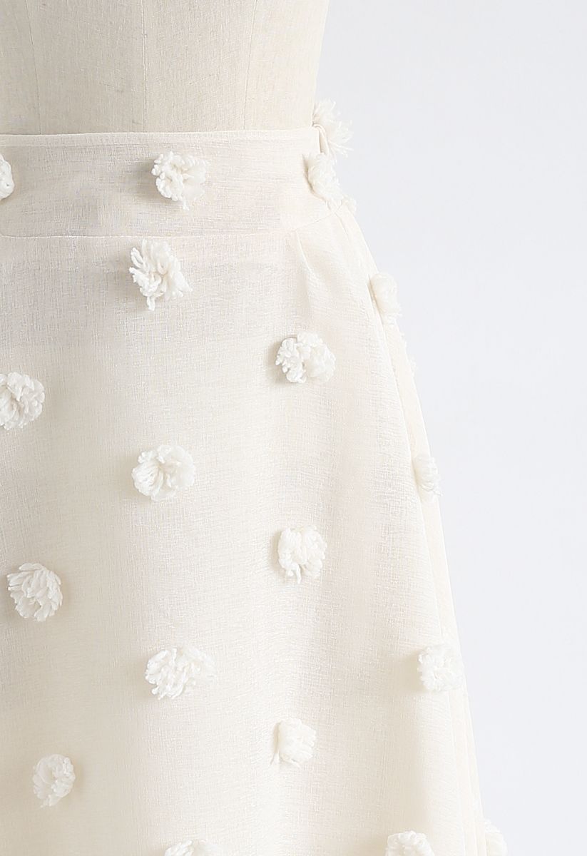 3D絨球裝飾半身裙 - 奶油白