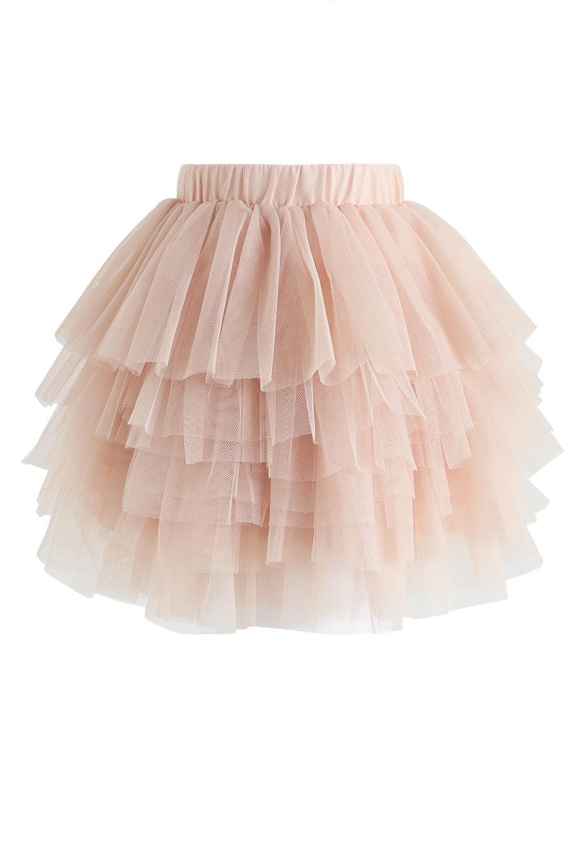 網紗曡層童裝半身裙 - 裸粉色