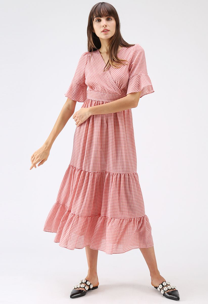 Raise Me Up Gingham Wrapped Dress in Pink