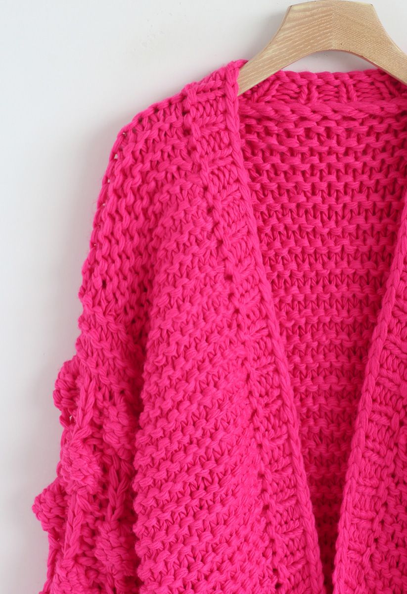 線球袖子針織開衫 - 亮粉色