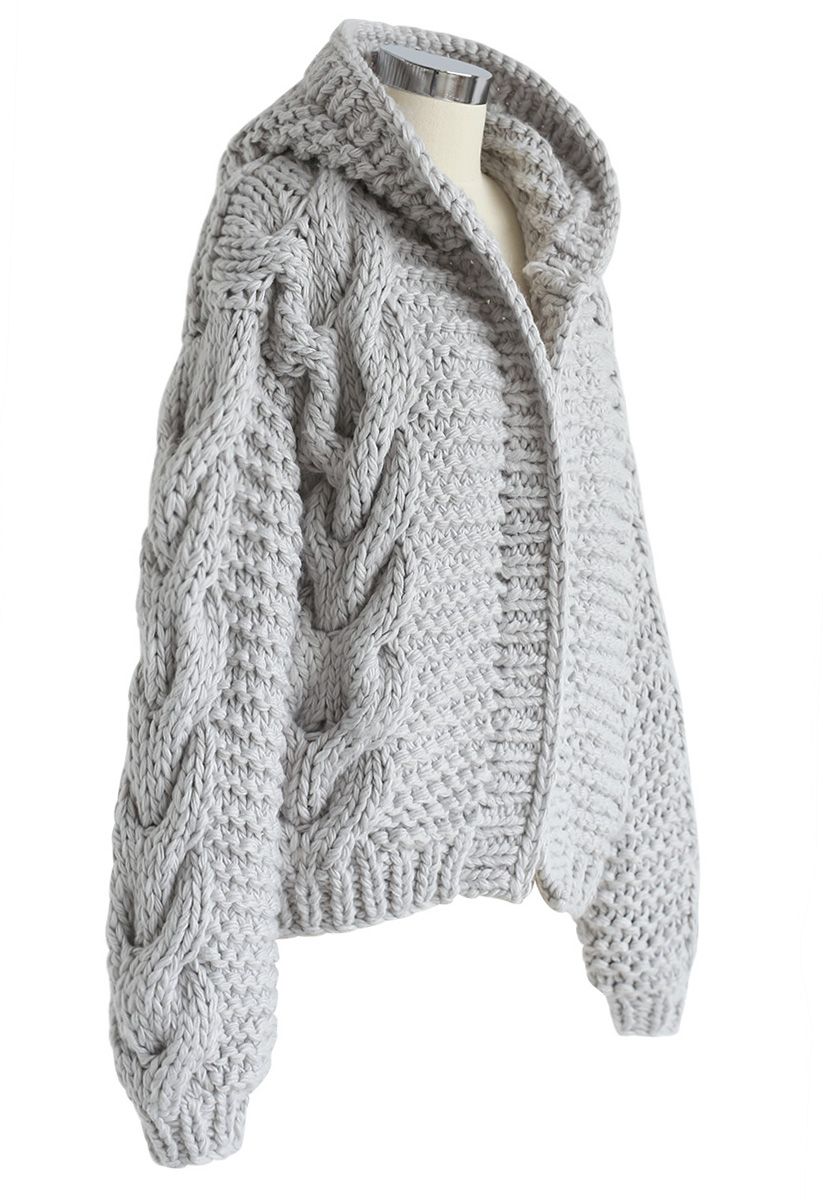 All-Over Warmth Hooded Chunky Cardigan in Grey