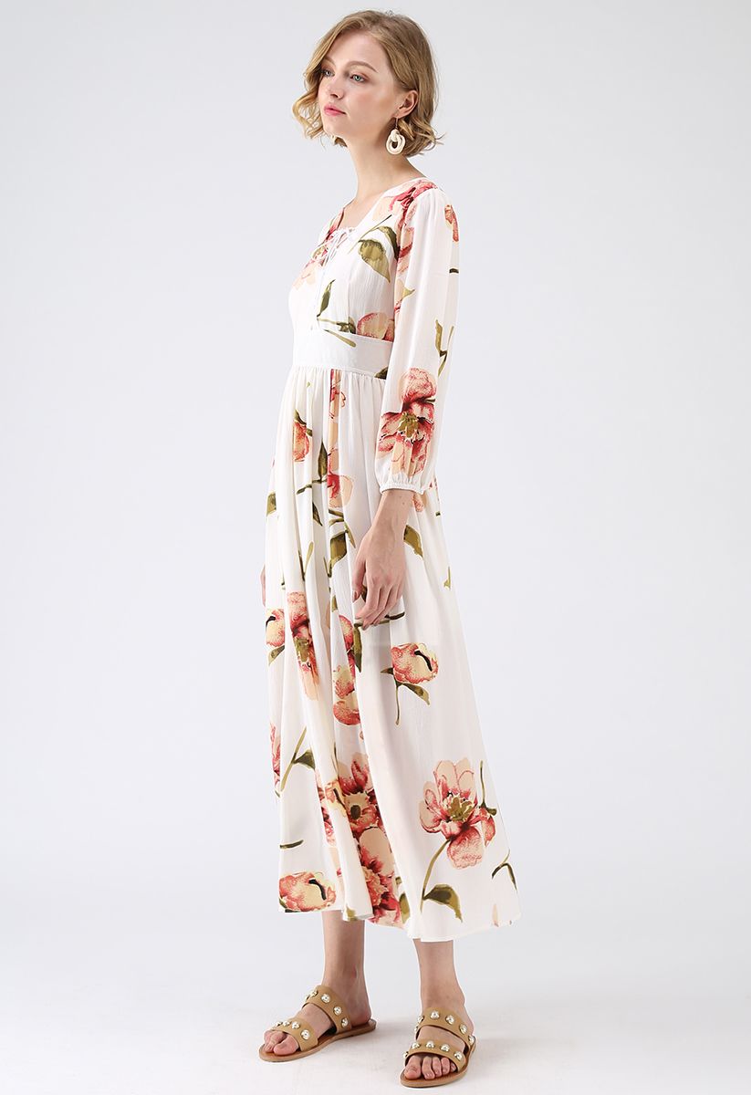 Sweet Things Floral Chiffon Maxi Dress in Cream