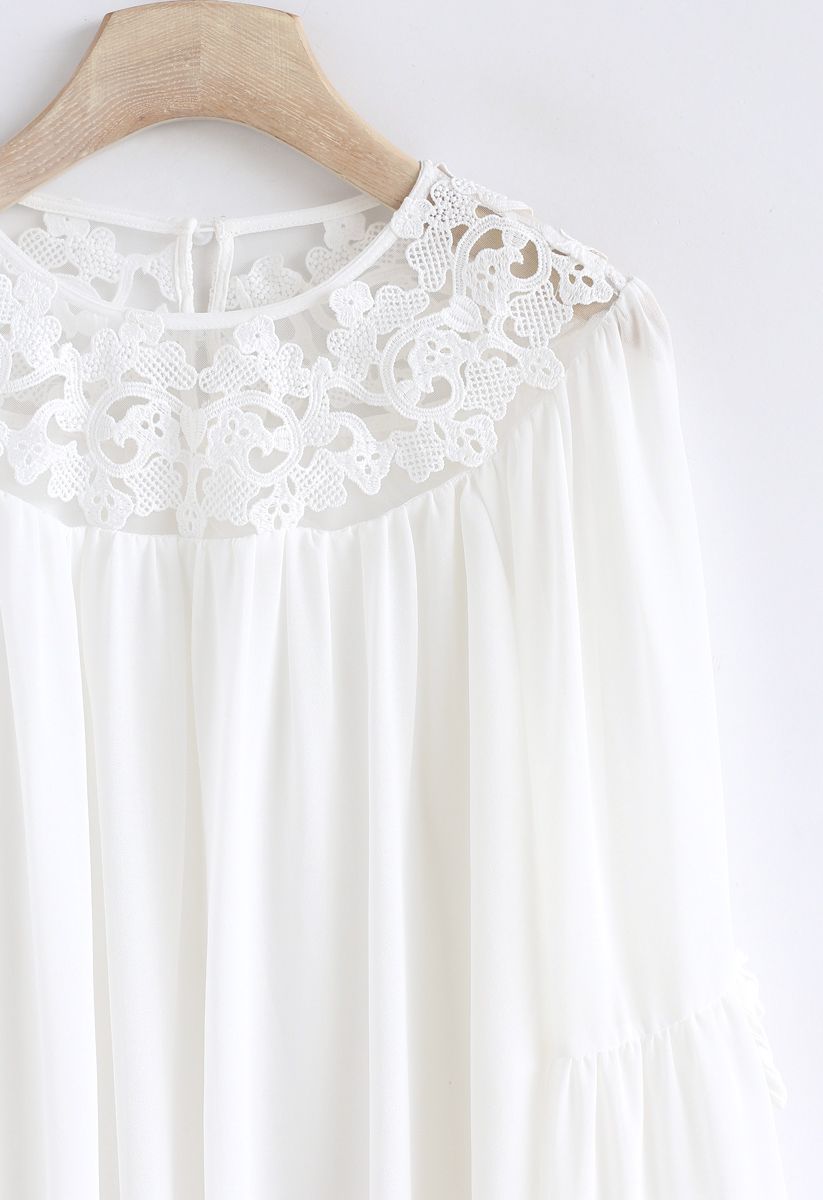 Mysterious Crochet Chiffon Top in White