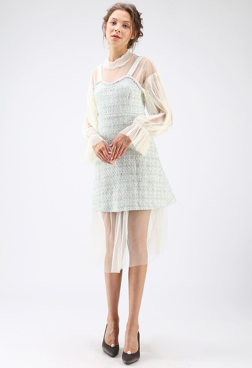 The Perfect Fit Tweed Mesh Twinset Dress in Mint