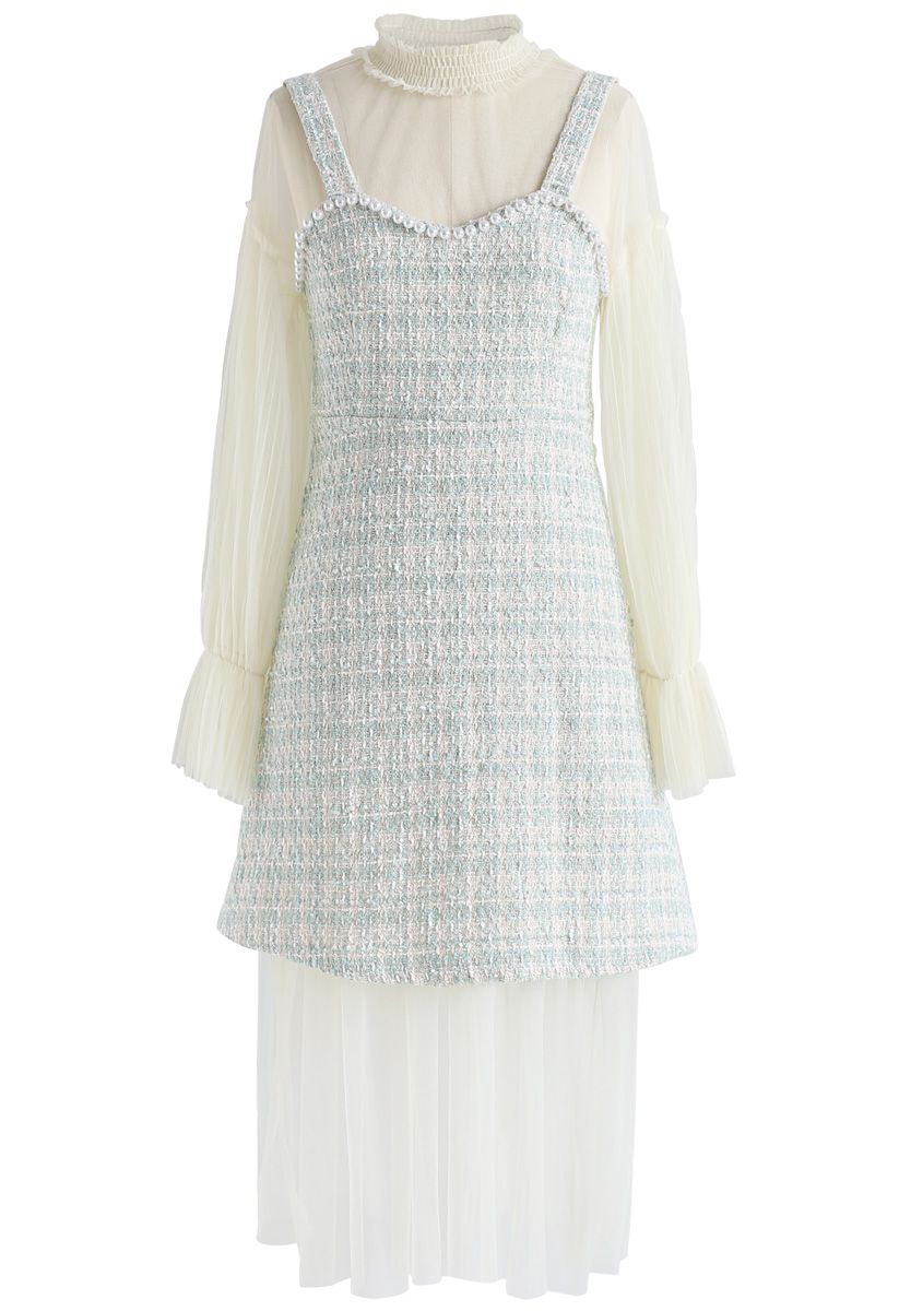 The Perfect Fit Tweed Mesh Twinset Dress in Mint