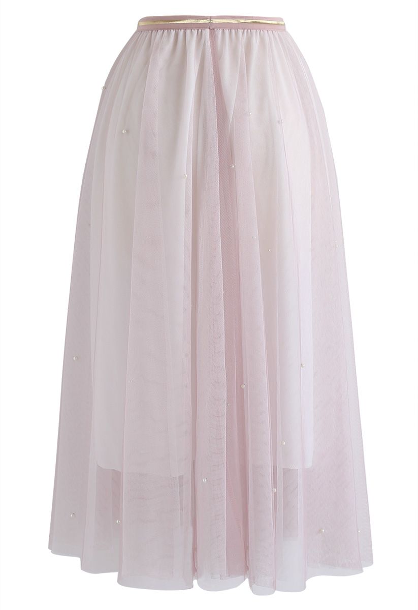 Scattered Pearls Gradient Mesh Tulle Skirt in Pink