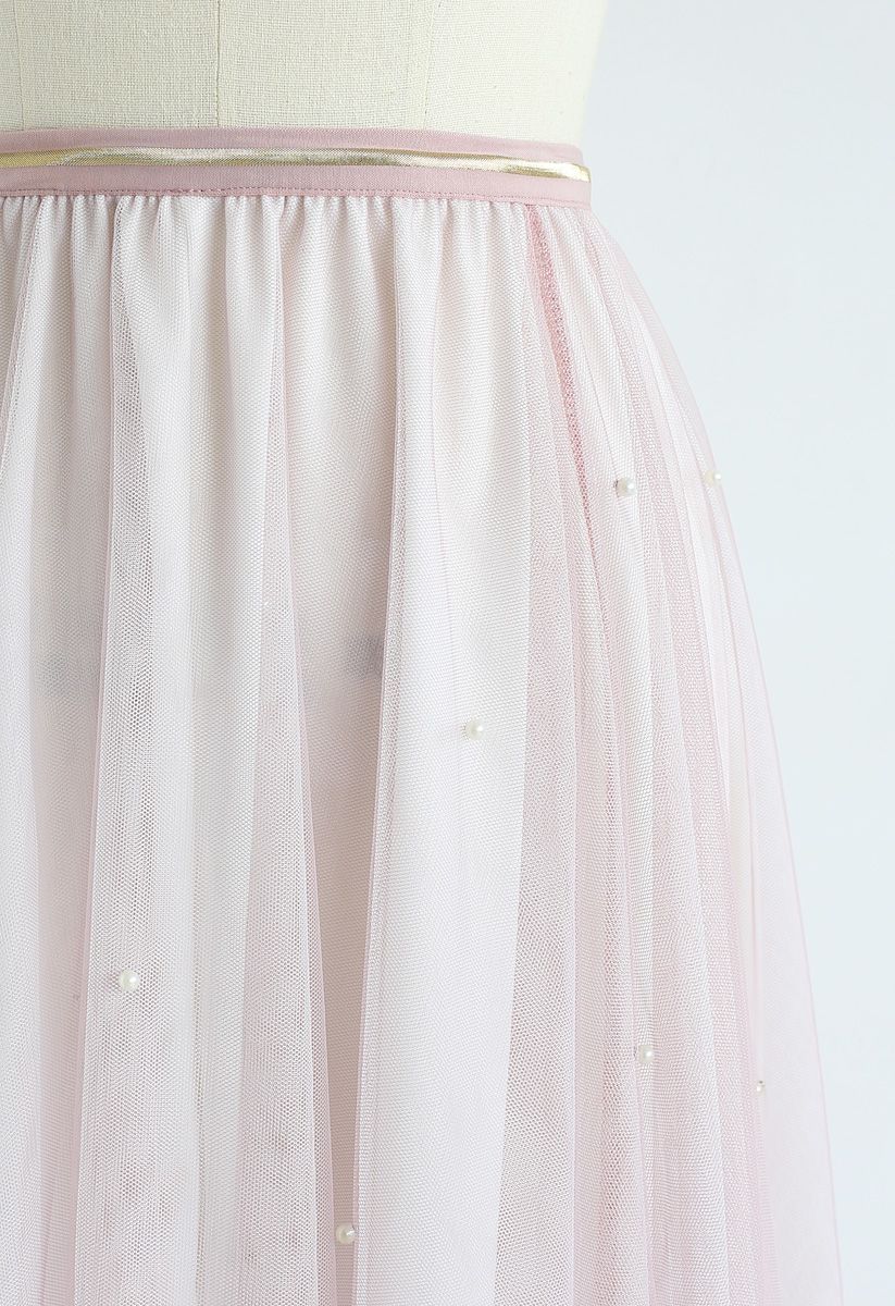 Scattered Pearls Gradient Mesh Tulle Skirt in Pink