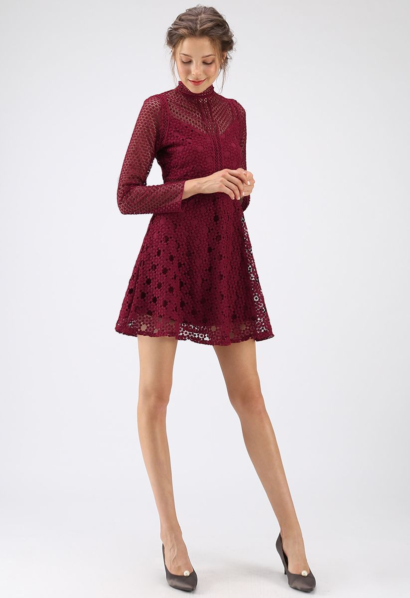 The Light Is Here Panelled Crochet Dress in Red