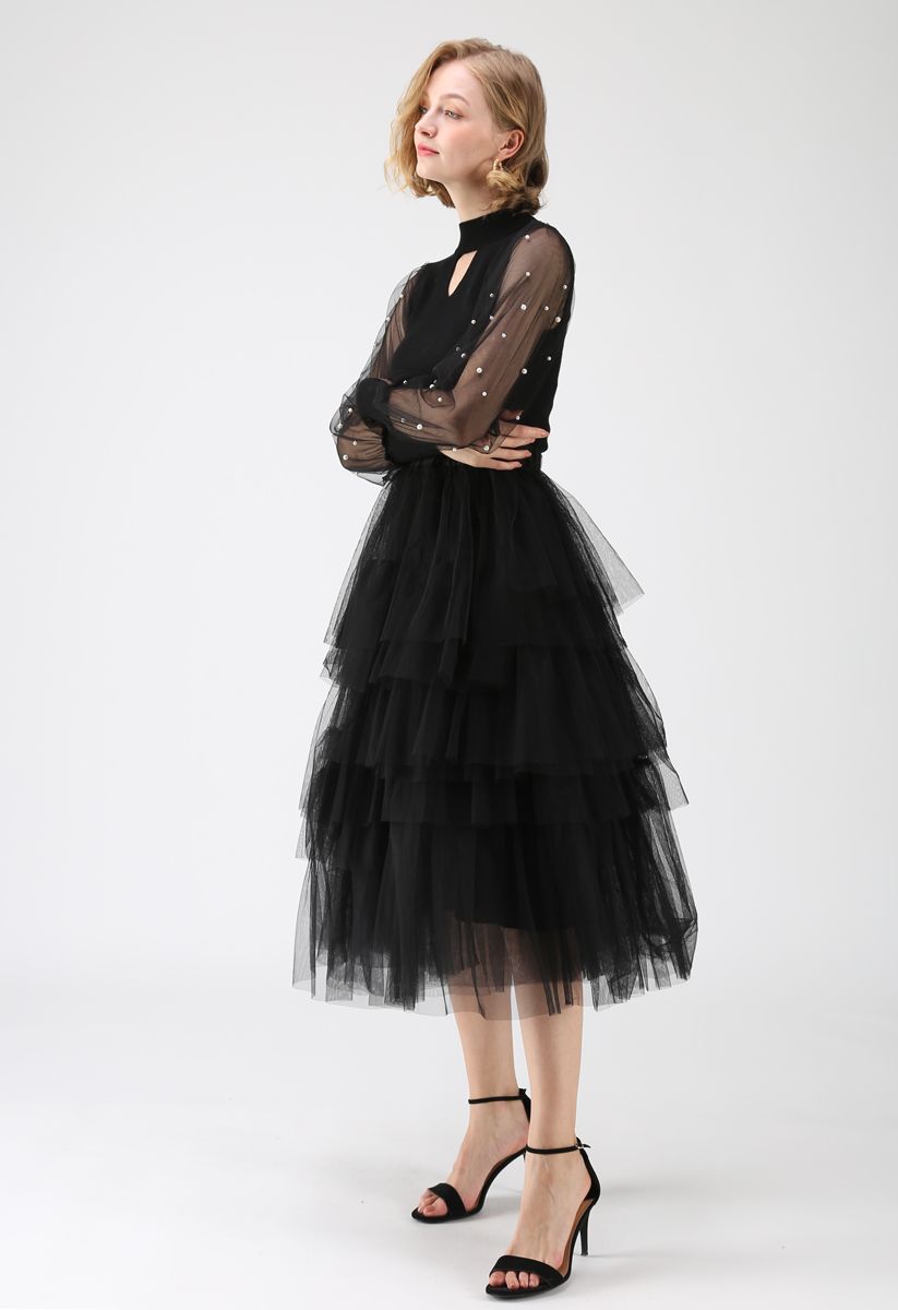 網紗曡層半身裙 - 黑色
