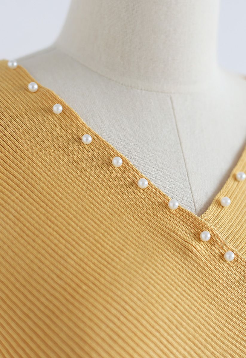 Pearls Lover Wrapped Knit Top in Yellow