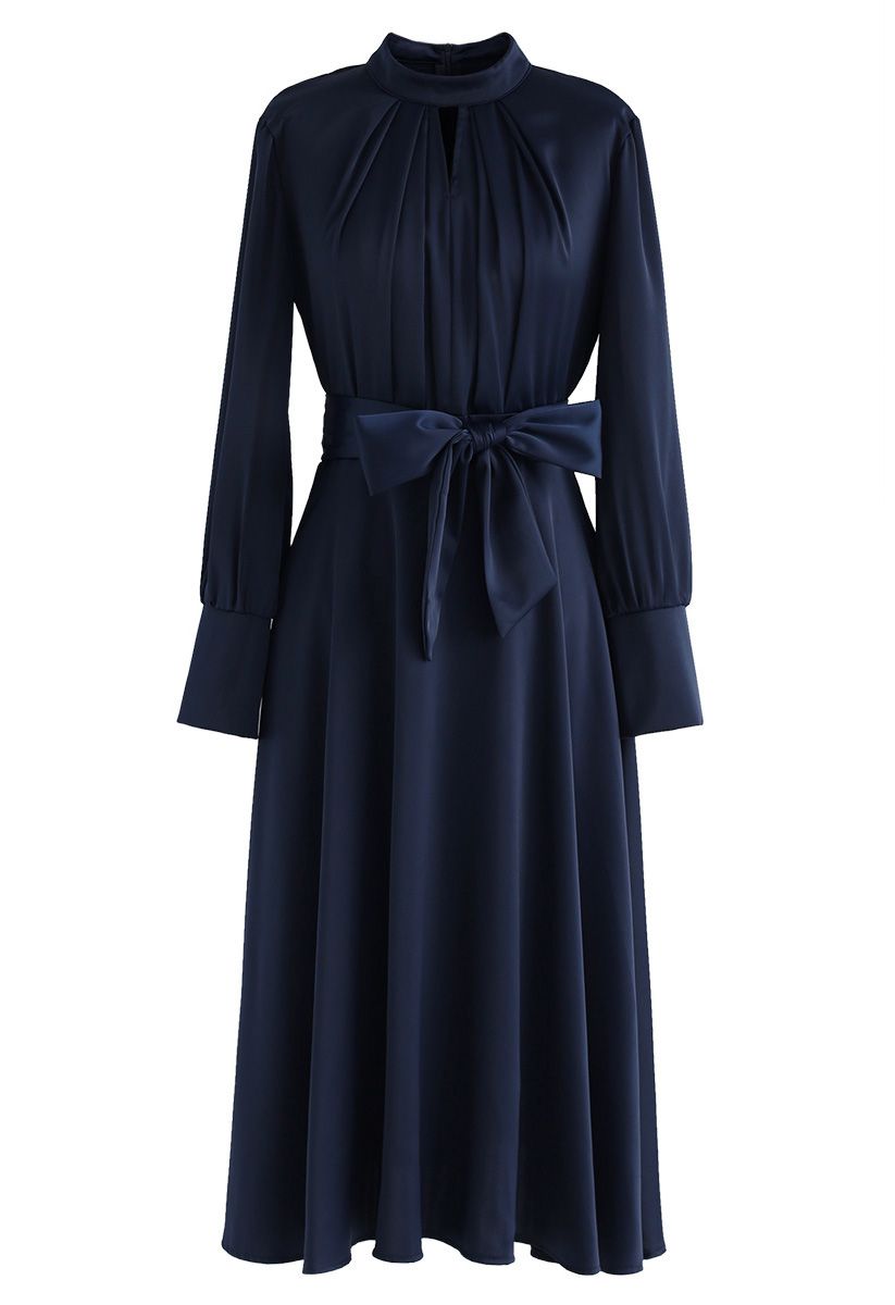 蝴蝶結繫帶緞面連衣裙--海軍藍