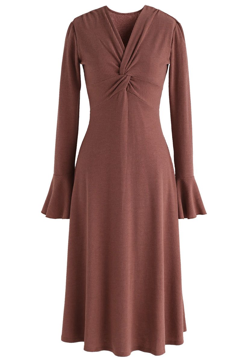 Brisk and Twist Knit Dress in Red Brown