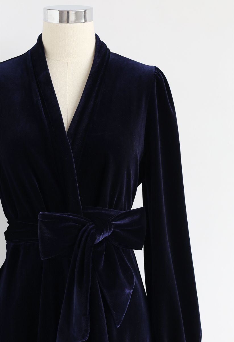 Midnight Blue Asymmetric Wrap Velvet Dress