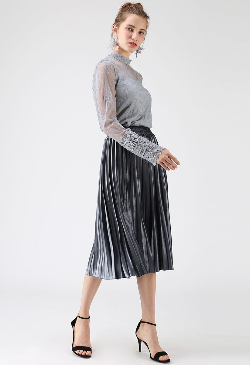 Inviting Sheen Velvet Pleated Skirt in Dusty Blue