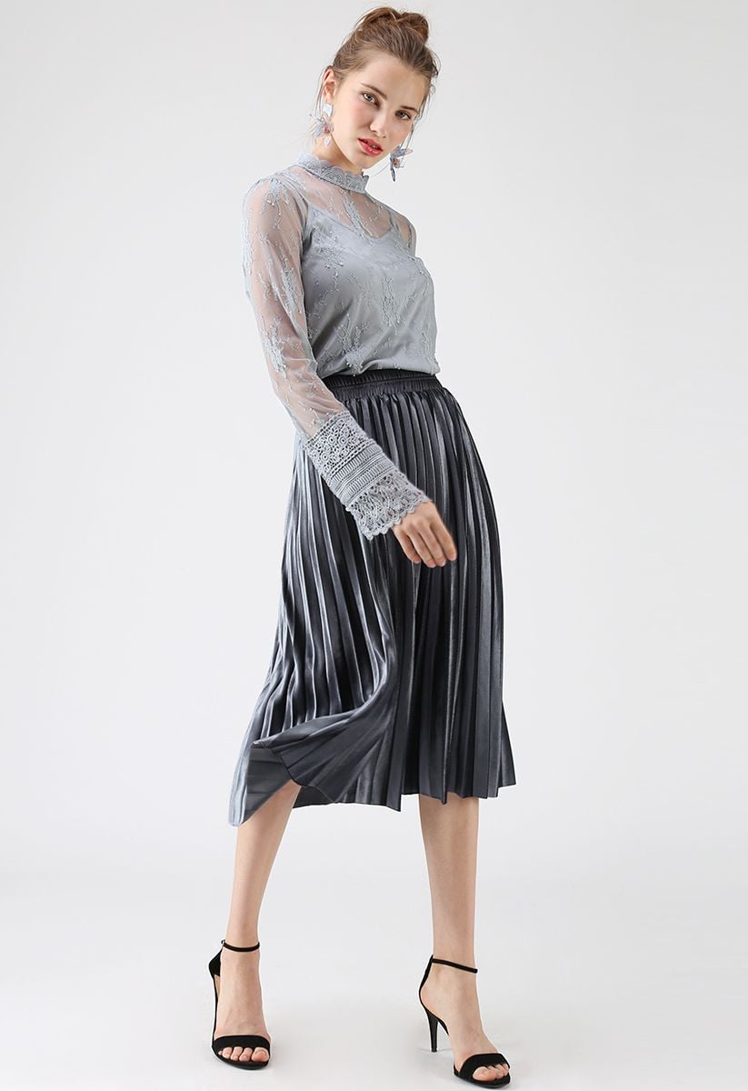 Inviting Sheen Velvet Pleated Skirt in Dusty Blue