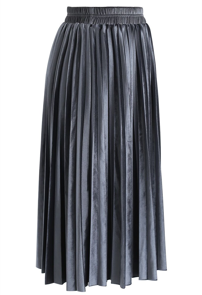 Inviting Sheen Velvet Pleated Skirt in Dusty Blue