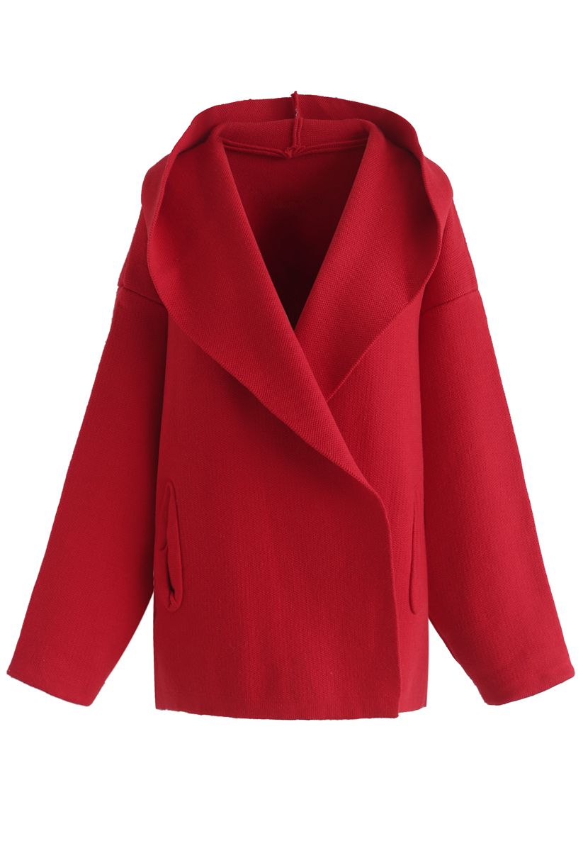You'll be Safe Here Hooded Knit Cardigan in Red