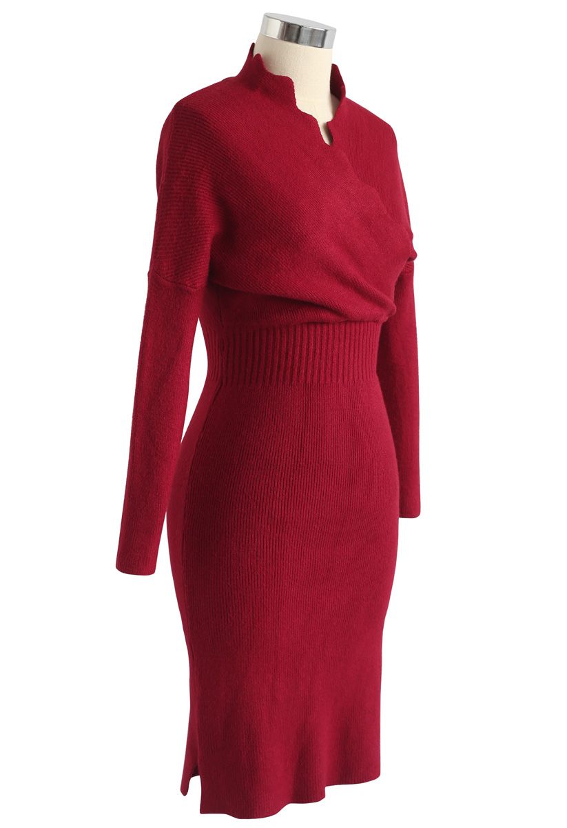 Cafe Time Wavy Wrap Knit Dress in Red