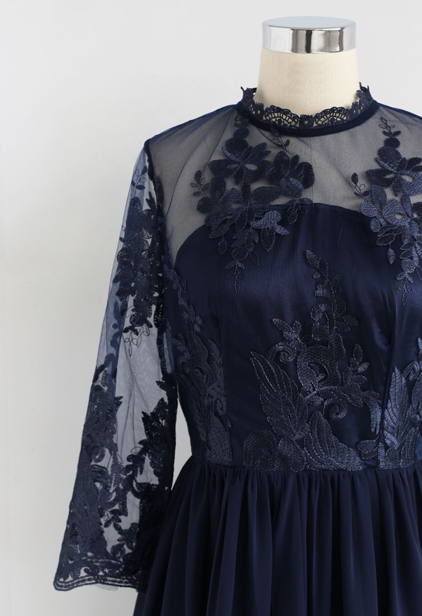 Cheery Moment Embroidered Mesh Chiffon Dress in Navy