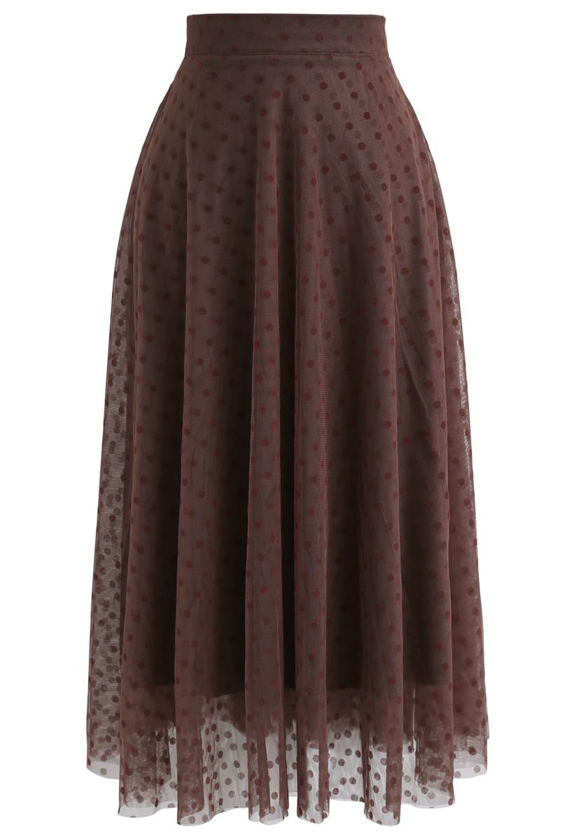 Stay Here Polka Dots Mesh Skirt in Brown